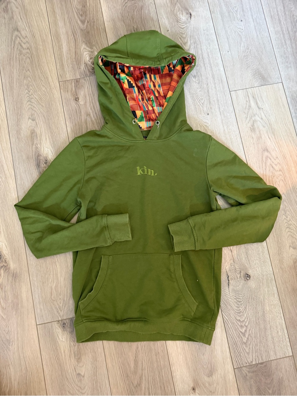 Kith Olive Green Hoodie with Multicolor Patterned Hood Lining